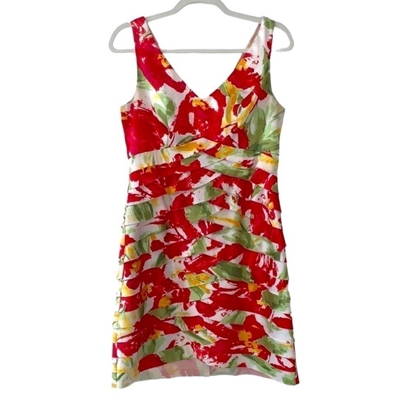Js  COLLECTION Multicolor Floral V-neck Layered Sheath tiered dress size 8 - Picture 1 of 15